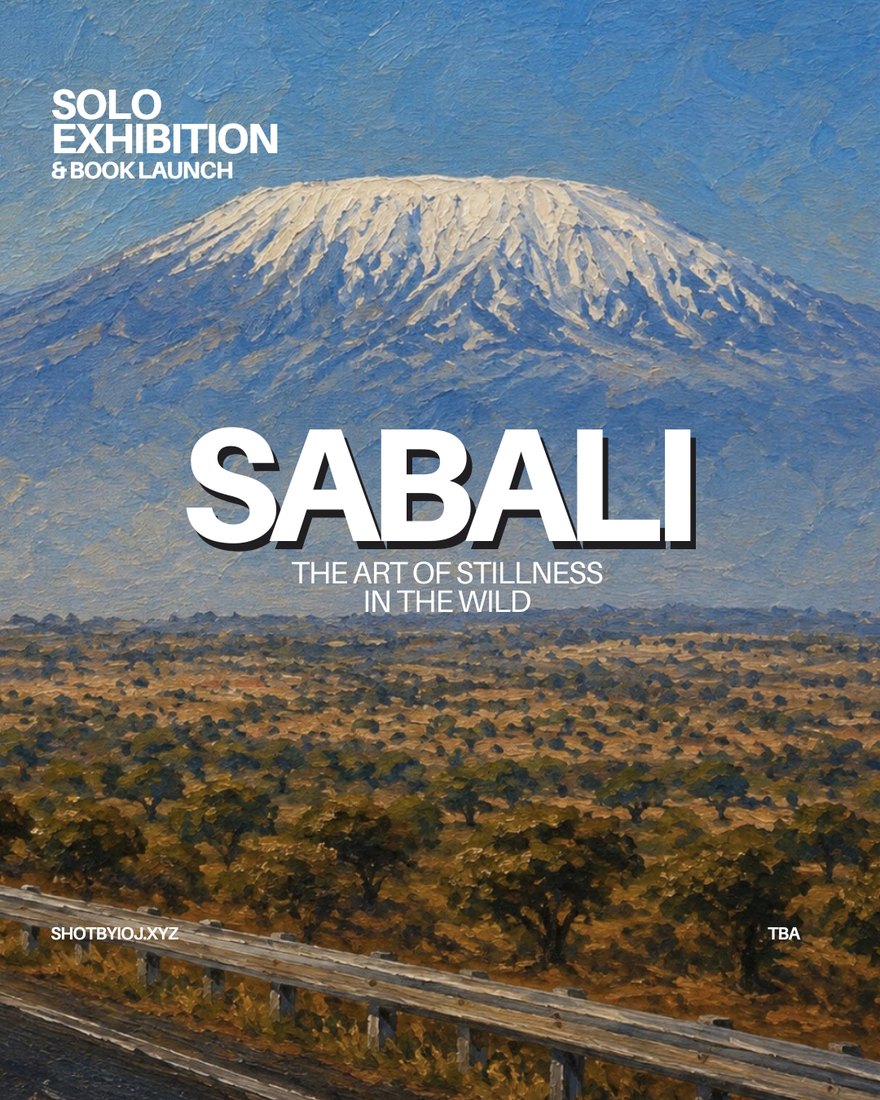 Flyer for the Sabali solo exhibition and book launch, showing Kilimanjaro above open savannah